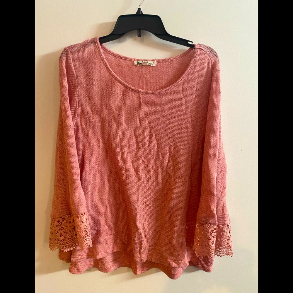 Blush scoop neck sweater with lace bell sleeves